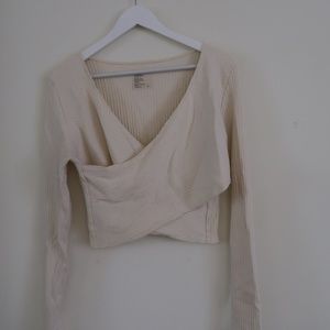 For Days Cream Long-Sleeve Ribbed Crop Top with Criss-Cross Detail XL